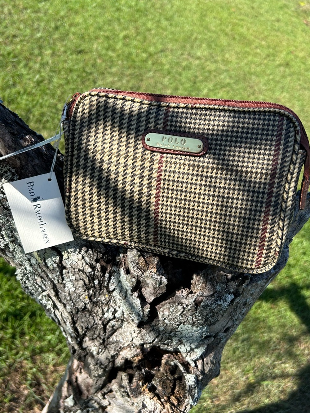 Vintage Polo Ralph Lauren Houndstooth Check Pouch Brown Leather Trim pouch